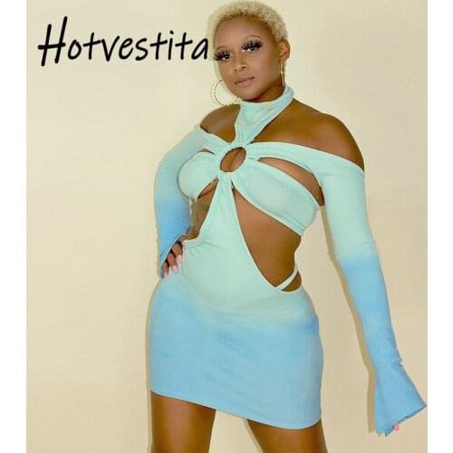 Hotvestita Sexy Halter Off Shoulder Long Sleeve Hollow Out Backless Bodycon Spring Autumn Woman Fashion Party Club Mini Dresses