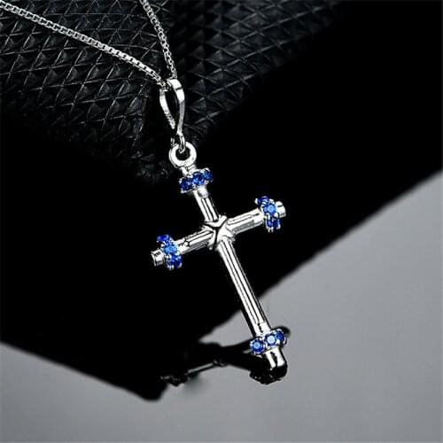 DY 925 Sterling Silver Necklace Clear Blue Sapphire Unique Corss Charm Pendant With Chain Necklace For Women Fashion Jewelry