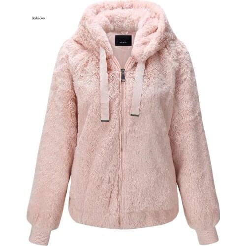 Winter Women Faux Fur Coat with Hood Long Sleeve Fuzzy Jacket Warm Hooded Outerwear Female Plus Size Zipper Overcoat
