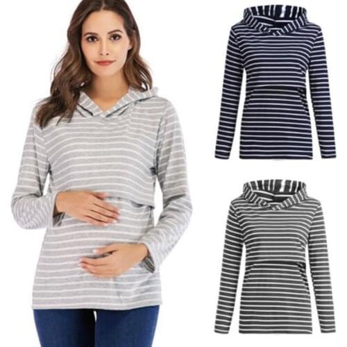 2020 New Striped Hooded For Pregnancy Women Long Sleeve Pregnant Tees Breastfeeding Clothes Nursing Tops Maternity Sping Autumn
