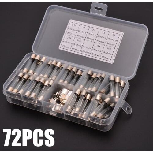 72pcs/Box Glass Tube Fuse 0.5A-30A Assorted Quick Blow Electrical Fuse Seat Kit 6 x 30mm Standard Glass Tube Fuse