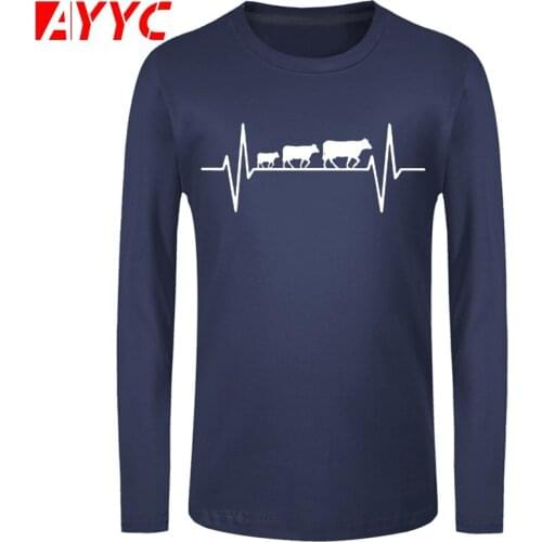 AYYC long sleeve tee Cow Heartbeat T Shirt Cow Lover Farm T-Shirt Men Boy Short Sleeve Cool Tees Summer Funny Cotton Clothing
