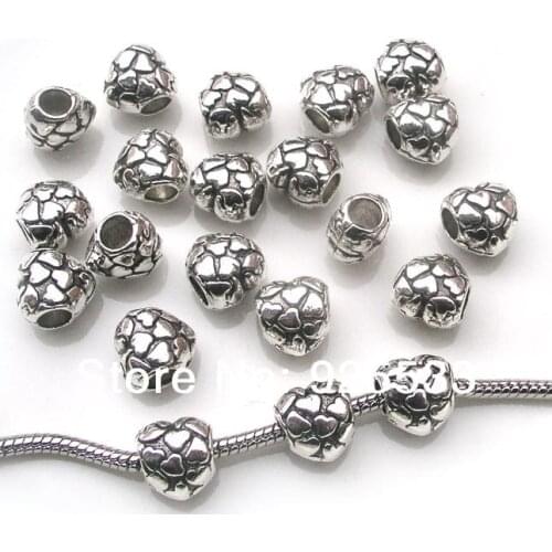 Free shipping 50pcs 10mm big hole antique metal heart and heart beads fit European bracelet jewelry DIY