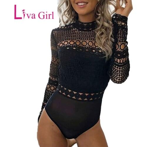 LIVA GIRL Elegant Women Lace Bodysuit Sexy Sheer Hollow Out High Neck Long Sleeve Bodysuits Bodycon Jumpsuits Female Body Tops