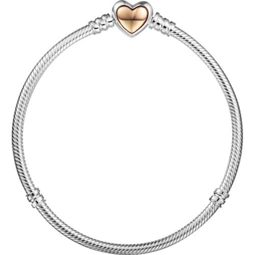 14K Real gold Domed Golden Heart Clasp Snake Chain Bracelets 100% 925 Sterling Silver Jewelry Free Shipping