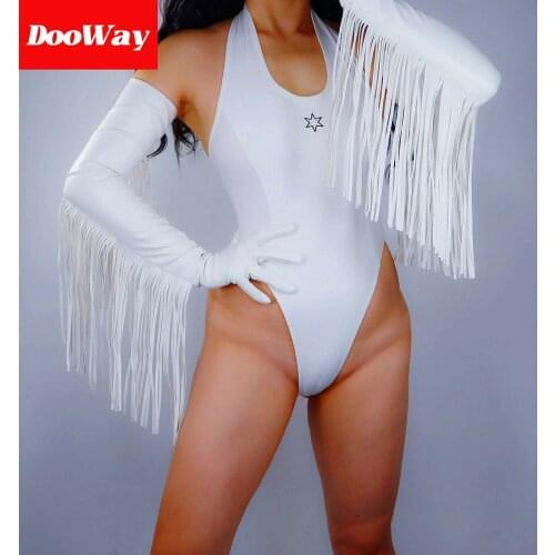 DooWay Womens Fashion Leather Extra Long Gloves with Long Fringe Trim Faux Lambskin PU for Opera Costumes Dance White 28-inches