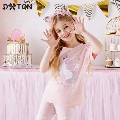 DXTON Cartoon Girls T-shirts Unicorn Children Tops Summer Short Sleeve Kid T Shirts Applique Toddler Summer Costumes Casual Wear