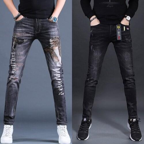 Men’s high quality stretch denim pants black jeans printing trending scratched gray jeans four season long pants