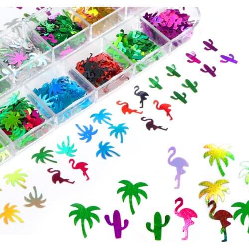 Holographic Nail Glitter Sequins Colorful Flamingo Palm Tree Cactus Shape Flakes Polish Manicure 3D DIY Nail Art Decorations