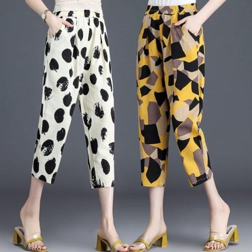 Summer Cropped Trousers Cotton Linen Large Size Women Clothing Loose Thin Wild Elastic Waist Floral Printed Casual Pants zh1666