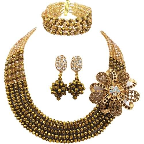 Fashion Gold AB Golden Brown Crystal Beaded Necklace Nigerian Wedding African Beads Jewelry Set for Women 5L-SXJB20