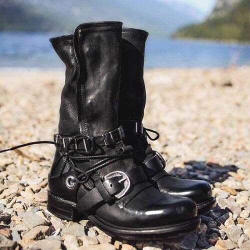 New Autumn And Winter Round Head Retro Belt Buckle Middle Tube Womens Shoes Boots Size 43 Mid-Calf Botas Altas Mujer