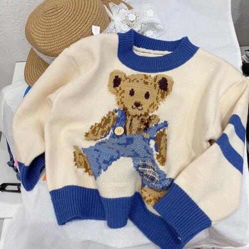 2021 Autumn New Childrens Cartoon Sweaters Cute Bear Pullover Knitted Sweater For Boys And Girls Spring Baby Kids Sweater 2-7 Y