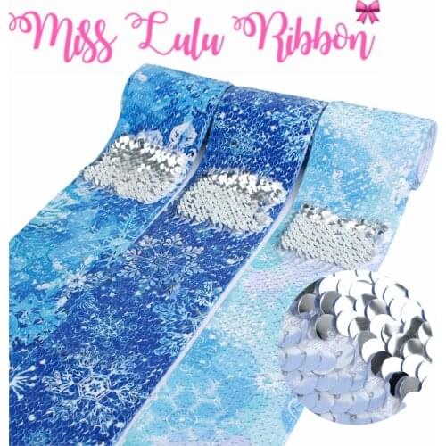 3"75mm Snowflake Double Reversible Silver Sequin Ribbon Jeans DIY Party Gift Bowknots Hair Band Merry Christmas 46yards