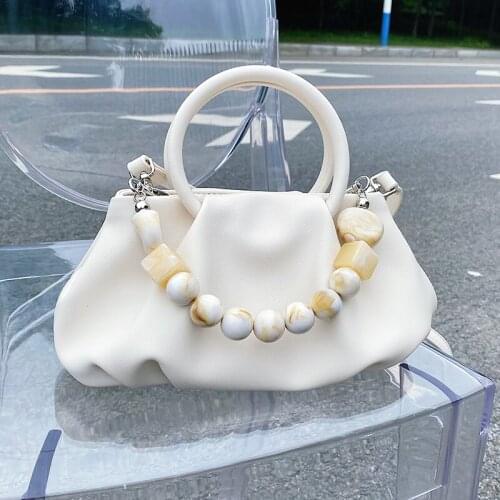 Cloud Pleated Shoulder Bags for Women Pure Color Tote Crossbody Bags Vintage Lady Beaded Handbags Fashion Designer Messenger Bag