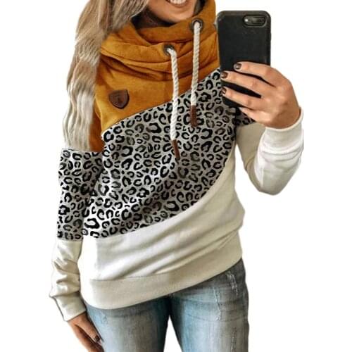 Korean Fashion Women Leopard Printed Hoodie Autumn Winter New Patch Stitch Hooded Sweatshirts Casual Long Sleeve Sweat Pullover