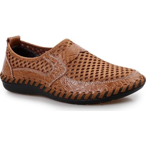 2019 Summer Breathable Mesh Shoes Mens Casual Shoes Genuine Leather Slip On Brand Fashion Summer Shoes Man Soft Comfortable