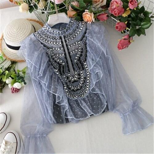 2021 stand-up collar ruffled embroidered hollow mesh shirt sweet lantern sleeve two-piece lace shirt women