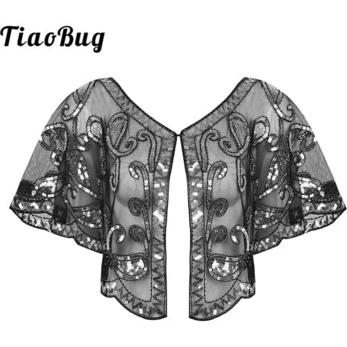 Womens Lady 1920s Shawl Wrap Vintage Sequins Beaded Cape Bolero For Pageant Banquet Prom Dresses Cover up Bridal Wedding Cape