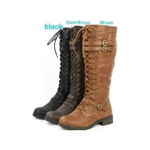 2021 Boots Women Knee-Hight Boots Winter Warm Steampunk Gothic Vintage Retro Punk Buckle Military Combat Lace up Boots
