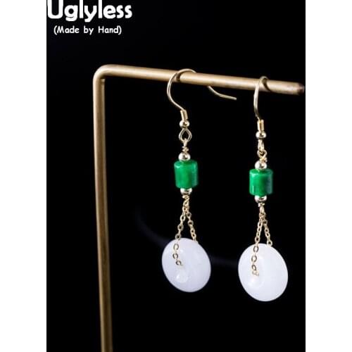 Uglyless 100% Real 925 Sterling Silver Women Gemstones Earrings for Women Ancient Style Jade Buttons Earrings Summer Brincos
