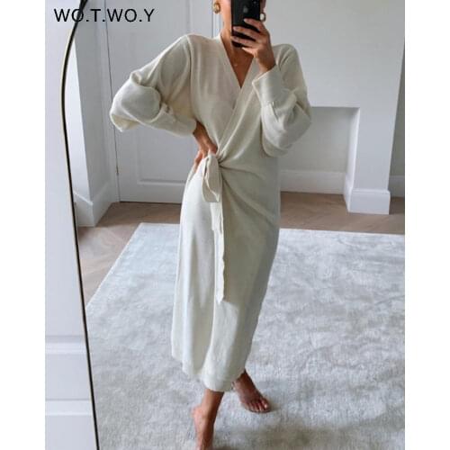 WOTWOY Casual Belted V-Neck Cashmere Cardigans Women Solid Slim Knitted Cardigans Women Autumn Long Sleeve Kimono Female