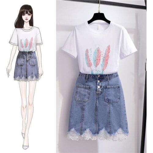 2021 Summer Outfits Women New Fashion Printed Tops Tshirt And Skinny Jeans Short Mini Skirt 2 Piece Set Denim Club Clothing Suit