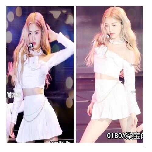 Kpop Seo Yea Ji IU Rose stage show summer White lace off-shouder Short shirt tops and sexy loose mini skirt women two piece set