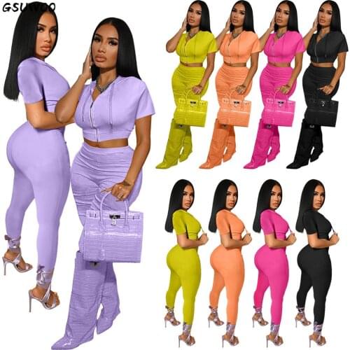 Gsuwoo Women Activewear Two Piece Set Solid Fitness Tracksuit Casual Short Sleeve Crop Top Sweatshirt Joggers Pants Suit Outfit