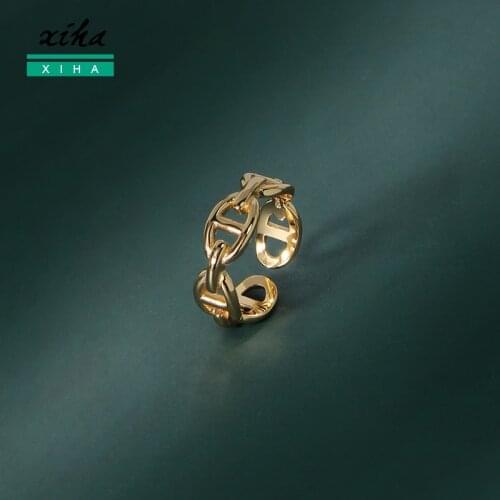 XIHA 925 Sterling Silver Geometric Link Chain Ring Gold Open Adjustable Rings for Women Korean Style Boho Minimalist Jewelry