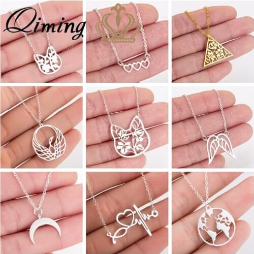 2019 Stainless Steel Womens Necklace Simple Love Cat Moon World Map Geometric Statement Jewelry Pendant Necklace Girls Gift