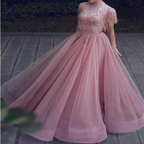 Dubai Pink Tassel Sequins A-Line Tulle Evening Dresses 2020 High Collar Short Sleeveless Prom Formal Dress robe de soriee