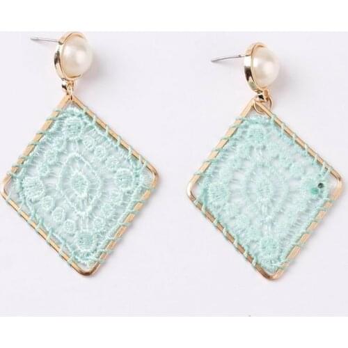 ZWPON Rhombus Crochet Tatting Lace Earrings with Round Pearl Top Machine Embroidery Jewelry Wholesale