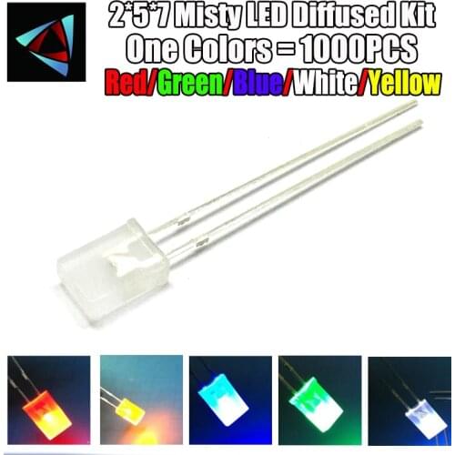 1000Pcs 257 Square Misty LED Diffused Kit 2*5*7 MM White Green Red Blue Yellow 5 Colors