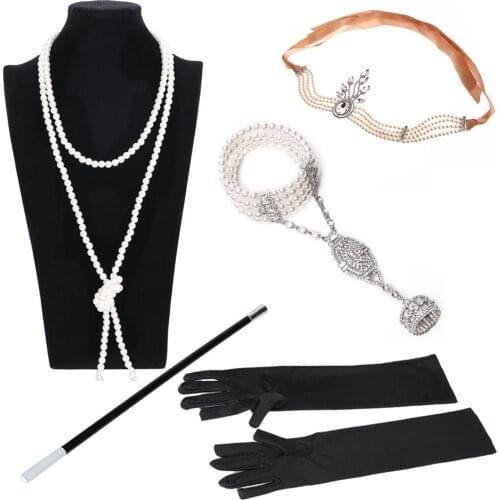 1920s Charleston Party Flapper Girl Rhinestone HeadwearPearl Necklace Bracelet Cigarette Holder Gloves Gatsby Accessories Set