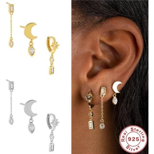 Aide S925 Silver Stud Earrings for Women 2021 Crystal CZ Huggies Earring Star Pendientes Plata Moon Earrings Fine Jewelry Gifts