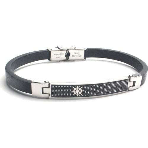 Runda Fashion Simple Rudder Square Brand Bracelet With Leather Ring Stainless Steel Jewelry For Boyfriend Gift