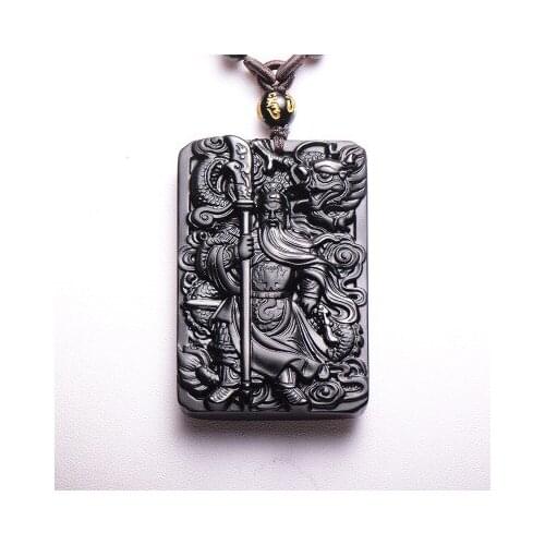 Natural Obsidian Pendant with Beads Chain Dragon Guan Gong Guan Yu Hold Broadsword Knight Pendant Necklace for Men/women Jewelry