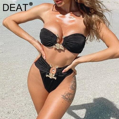 DEAT Women Sexy Beach Holiday Strap Metal Chain Accessories Bikini New Two Piece Set Fashion Spring Summer 2021 11D1210