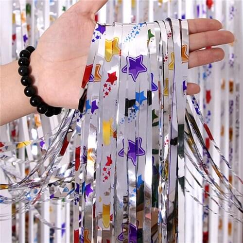 1mx2m Silver Five Pointed Star Party Favors Wedding Decoration Photozone Rain Tinsel Foil Birthday Wall Drapes Backdrop Curtain