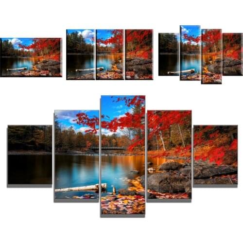 Decor Framework Painting Canvas Kids Room Fashion Multi Panel Red Lake Tree Landscape HD Printed Poster Popular Modular Picture