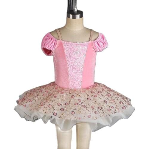 Kids Pink Ballet Tutu Costume Girls Leotard Dress Off Shoulder Velvet Bodice with Platter Tutu Skirts Performance Costume 21034