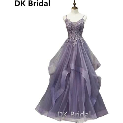 Elegant Princess Purple Organza Long Evening Dress Spaghetti Strap Appliques A Line Dress Party Prom Special Occasion Prom Gowns