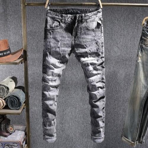 European American Street Fashion Men Jeans Retro Gray Elastic Slim Fit Ripped Jeans Men Patch Designer Hip Hop Denim Punk Pants