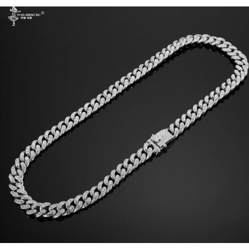 13mm Iced Out Cuban Chain Necklace Hip Hop Jewelry Choker Gold Silver Color Rhinestone CZ Clasp Necklaces Link For Men Gift 2020