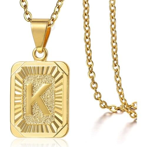 Square A-Z Initial Letter Pendant Necklace for Women 2mm Gold Color Stainless Steel Rolo Cable Link Chain Wholesale LGP62B2