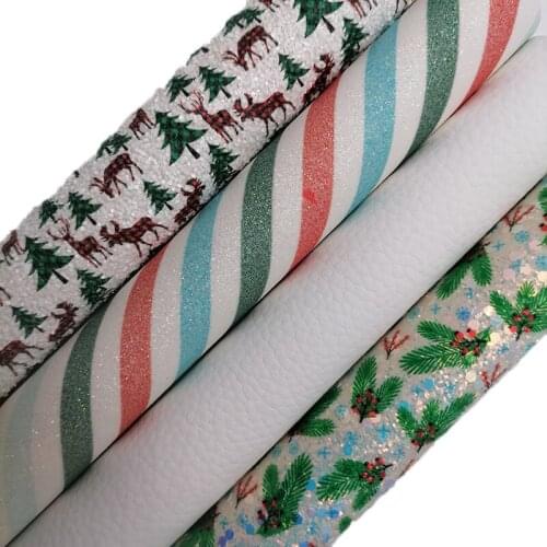Christmas Trees Elks Flowers Stripes Printed Glitter Leather Fabric , Litchi Faux Leather Sheets For Bow A4 21x29CM KM636