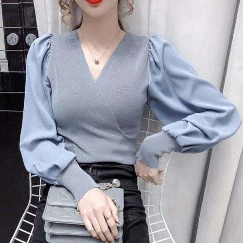 LJSXLS Korean Fashion Sexy V Neck Knitted Pullovers Pull Femme Long Sleeve Tops Patchwork White Sweater Women Clothing 2021 New