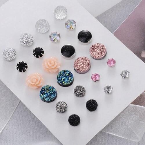 Fashion 12 Pair/Set Women Rainbow Crystal Zircon Stud Earrings For Women Piercing Metal Ball Flower Earrings Jewelry