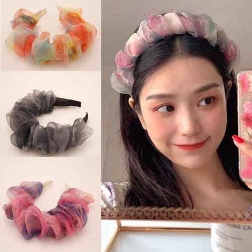 Fashion Color Mesh Print Pleated Hairband For Women Scrunchy Headband Ladies Headwear Female Sweet Hair Hoop Hair Accessories